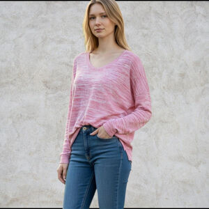 🌈GAP | Women's Pink & White Marled Wide Crewneck Cotton Sweater S